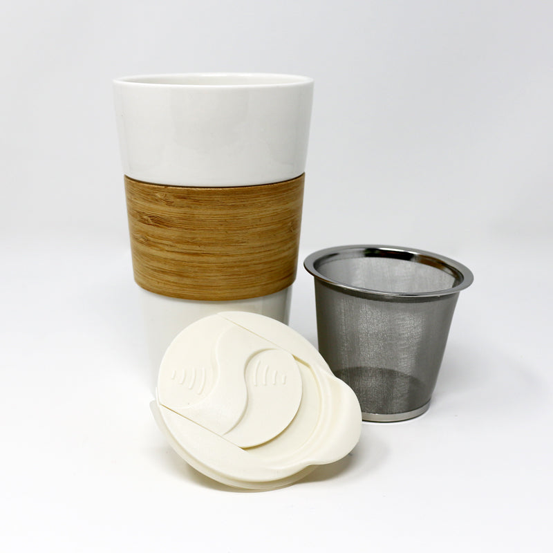 White Ceramic Infuser Mug with Bamboo Sleeve - The Pleasures of Tea